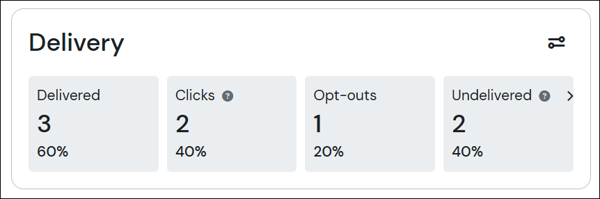 Delivery section default stats (delivered, clicks, opt-outs, undelivered)